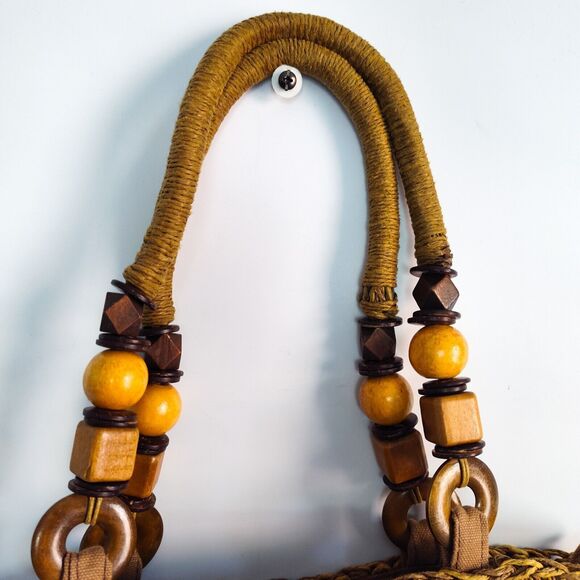 Boho Vintage Toyo Straw Woven Bag Wooden Beads Leather Handles 12"x8" Natural - Picture 6 of 11